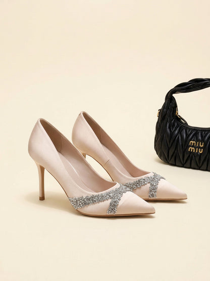 Satin Rhinestone Embellished Pointed Toe Stiletto Heel Pumps for Women