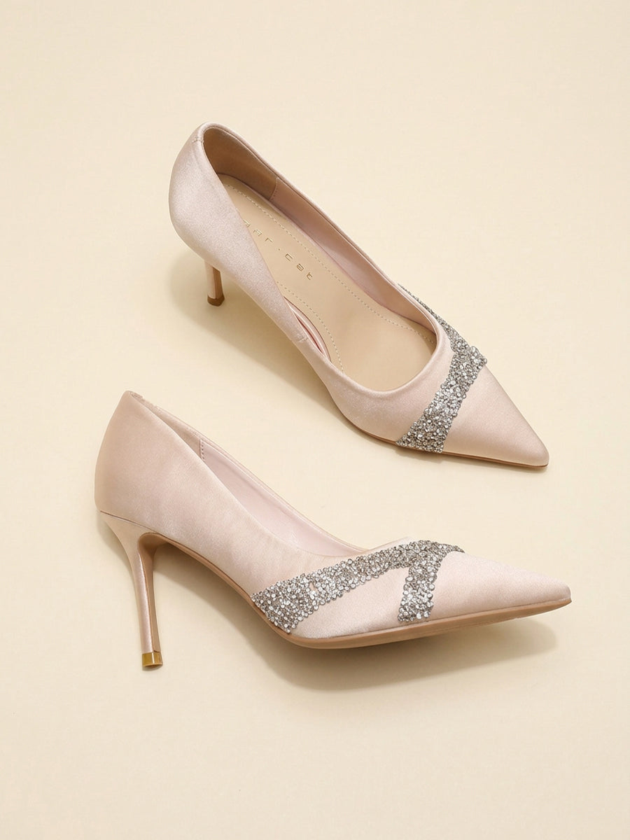 Satin Rhinestone Embellished Pointed Toe Stiletto Heel Pumps for Women