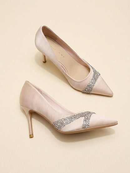 Satin Rhinestone Embellished Pointed Toe Stiletto Heel Pumps for Women