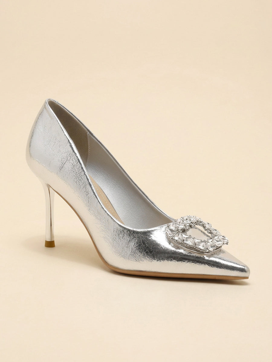 Rhinestone Buckle Metallic Pointed Toe Stiletto Pumps