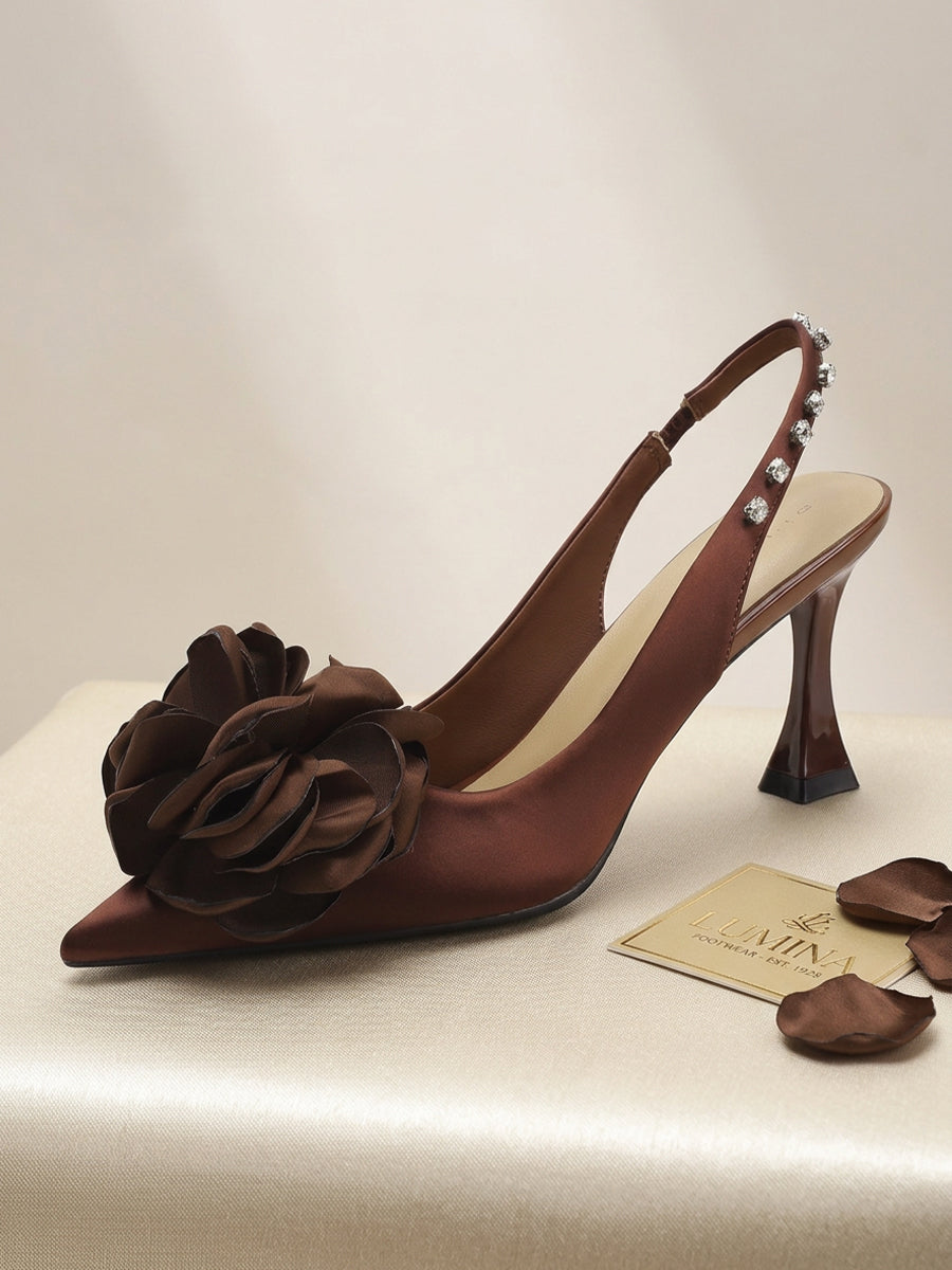 Satin 3D Flower Rhinestone Slingback Pointed Toe Flare Heels