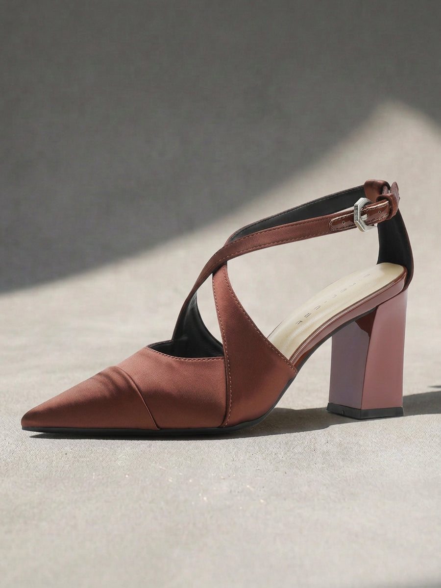 Satin Crisscross Strap Slingback Block Heels