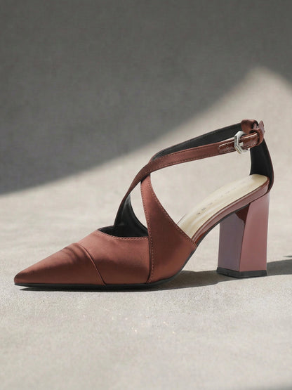 Satin Crisscross Strap Slingback Block Heels