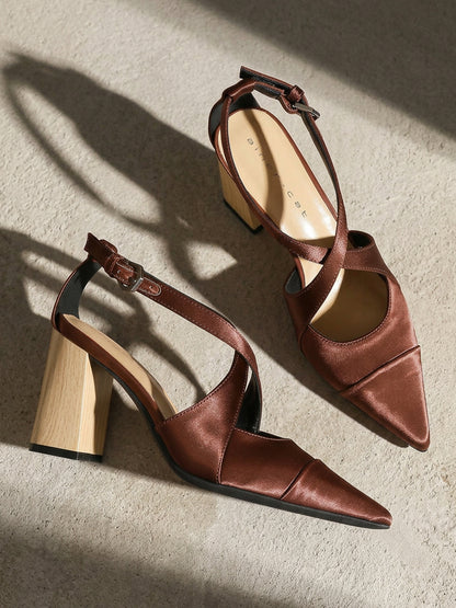Satin Crisscross Strap Slingback Block Heels