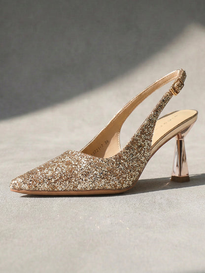 Glitter Pointed Toe Slingback Flared Heels