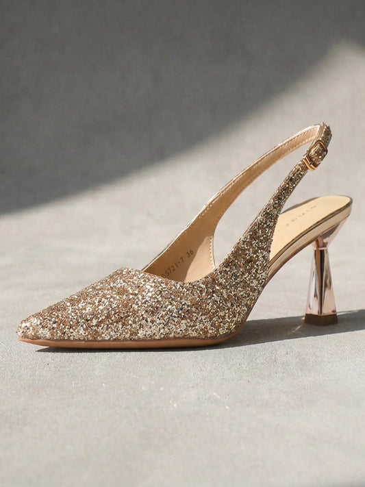 Glitter Pointed Toe Slingback Flared Heels