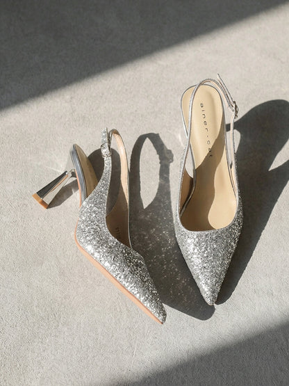 Glitter Pointed Toe Slingback Flared Heels
