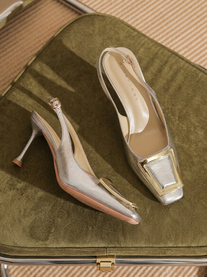 Metallic Square Toe Slingback Stiletto Heels with Metal Buckle