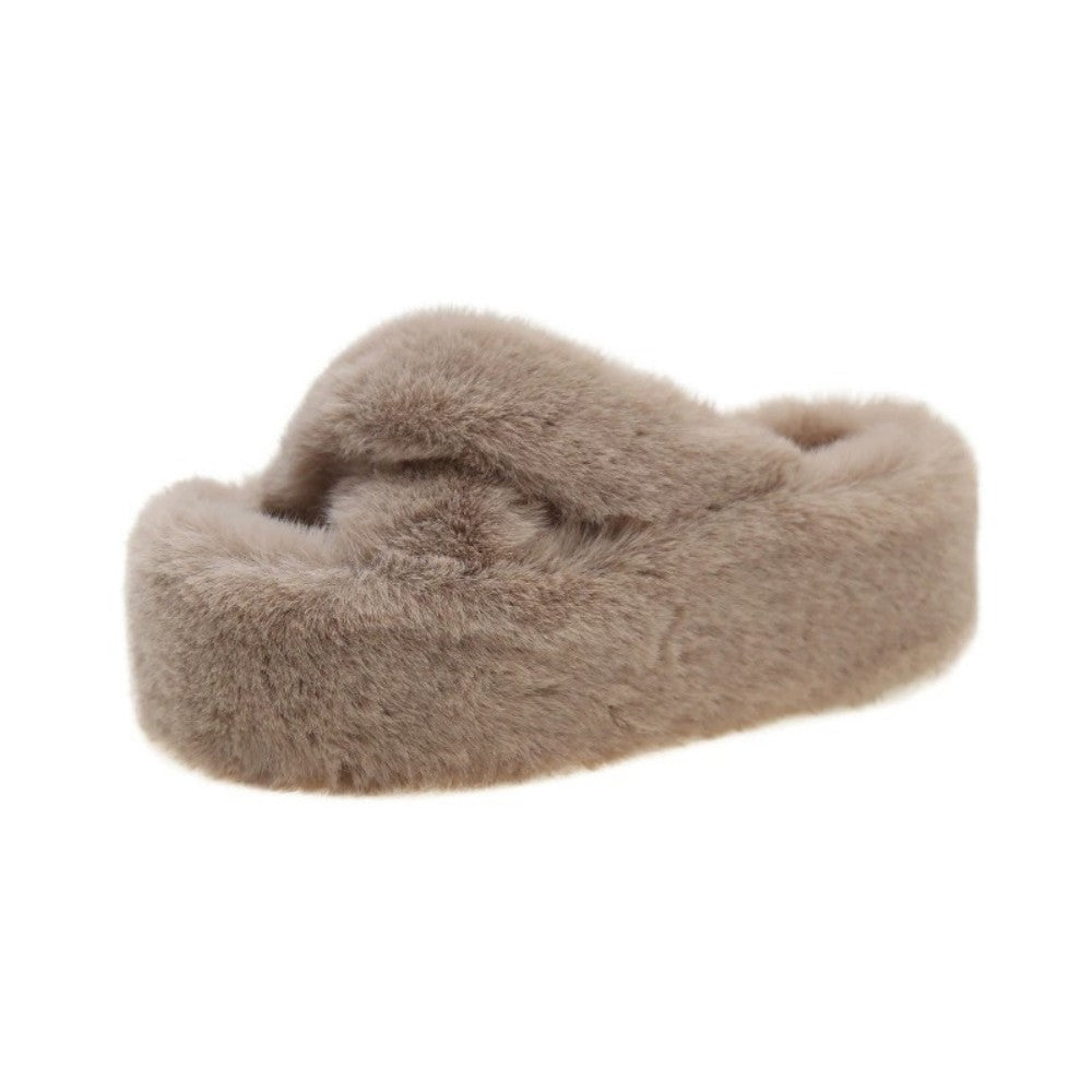 Fuzzy Slippers Cross Strap Platform Thick Sole For Women