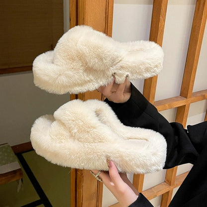 Fuzzy Slippers Women Cross Strap Low Thick Sole Outdoor Indoor