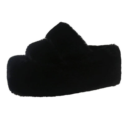 Fuzzy Slippers Women Double Band High Platform Sole