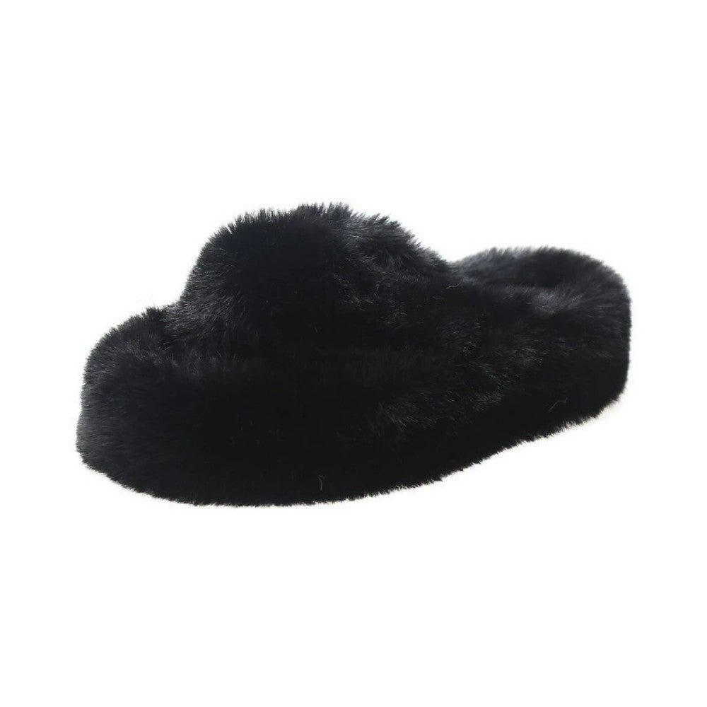 Fuzzy Slippers Women Cross Band Thick Sole