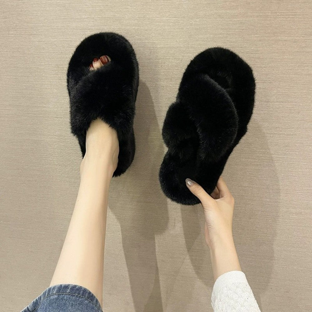 Fuzzy Slippers Women Cross Band Thick Sole