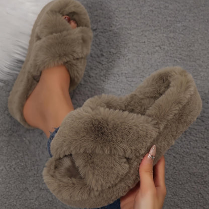 Fuzzy Slippers Women Cross Band Thick Sole
