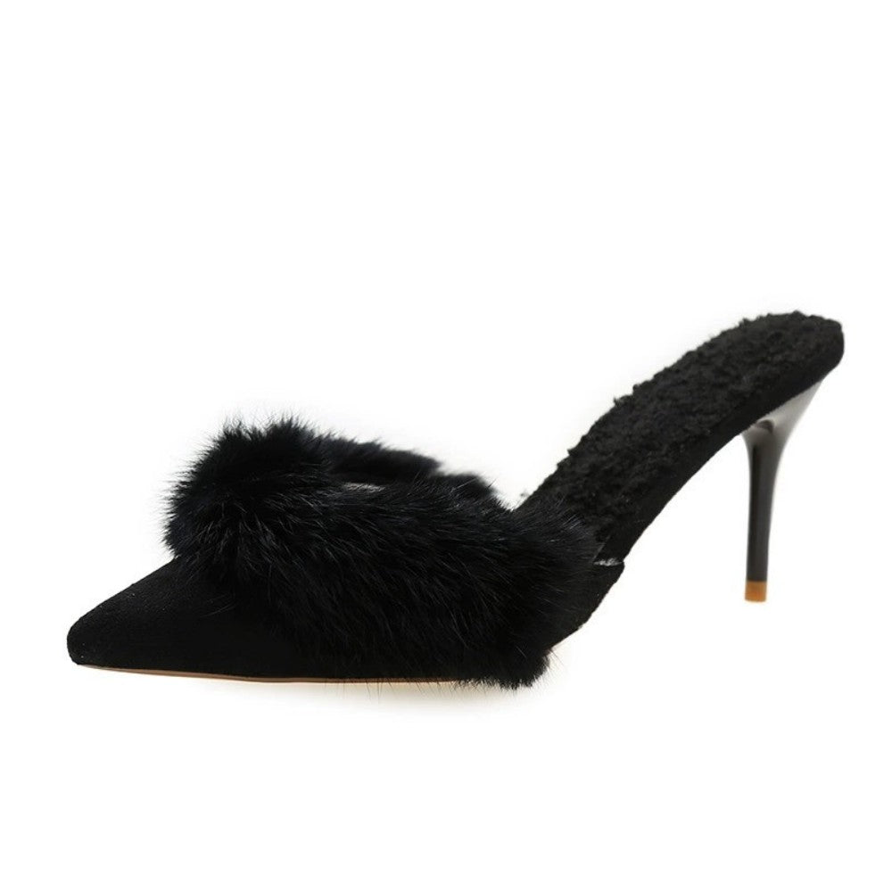 Fuzzy Slippers Women Pointed Toe Stiletto Heel Mules