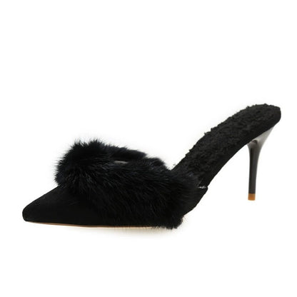 Fuzzy Slippers Women Pointed Toe Stiletto Heel Mules