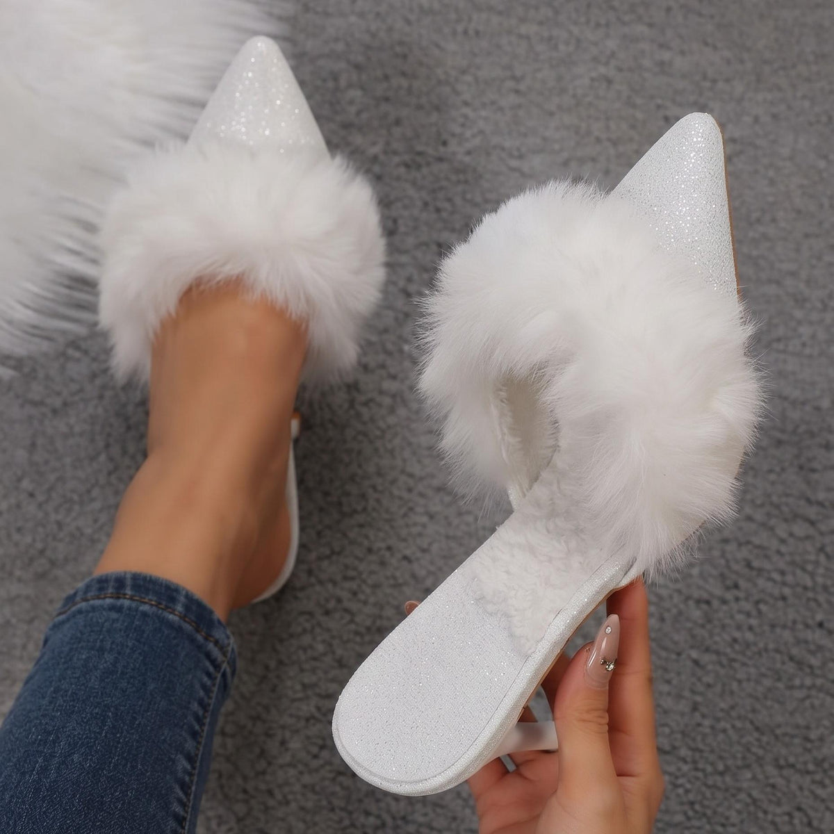 Fuzzy Slippers Women Pointed Toe Stiletto Heel Mules