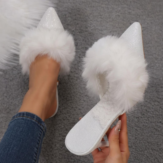 Fuzzy Slippers Women Pointed Toe Stiletto Heel Mules