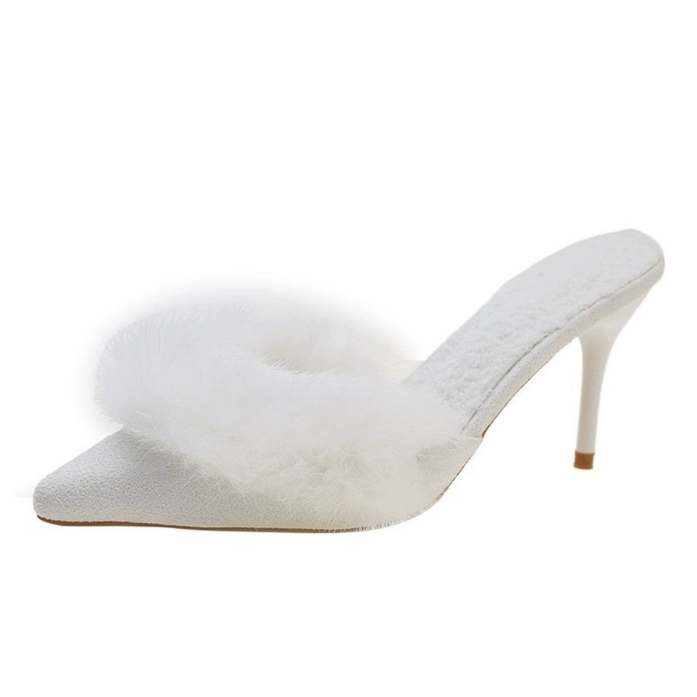 Fuzzy Slippers Women Pointed Toe Stiletto Heel Mules