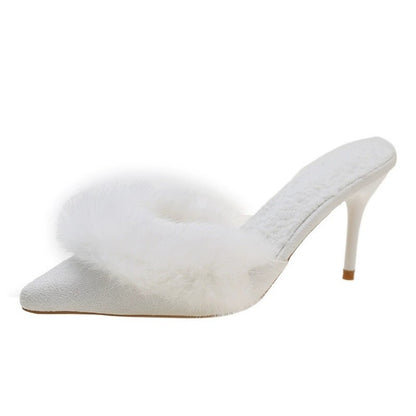 Fuzzy Slippers Women Pointed Toe Stiletto Heel Mules