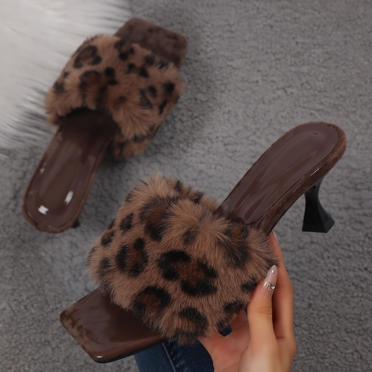 Fuzzy Slippers Women Leopard Square Toe Kitten Heel