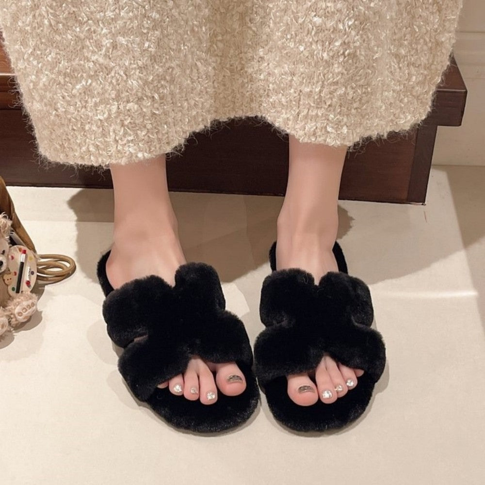 Fuzzy Slippers Women Double Strap Flat Slide