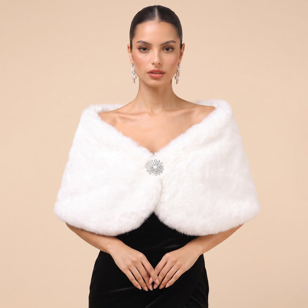 Faux Rabbit Fur Shawl With Rhinestone Brooch Bridal Wrap Stole