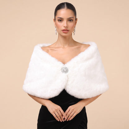 Faux Rabbit Fur Shawl With Rhinestone Brooch Bridal Wrap Stole