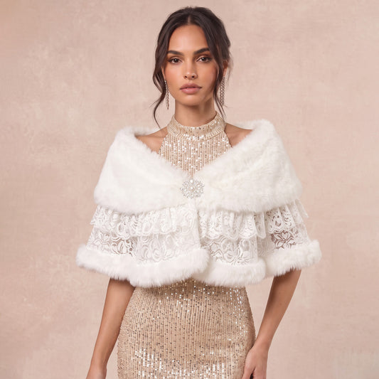 Faux Fur Bridal Shawl Tiered Lace Shoulder Wrap For Wedding Outfits