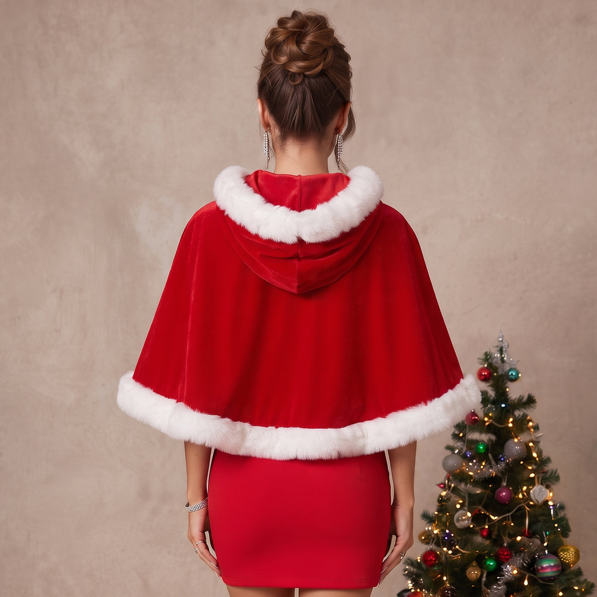 Velvet Hooded Cape With Faux Fur Trim Ribbon Bow Tie for Christmas Party Dresses