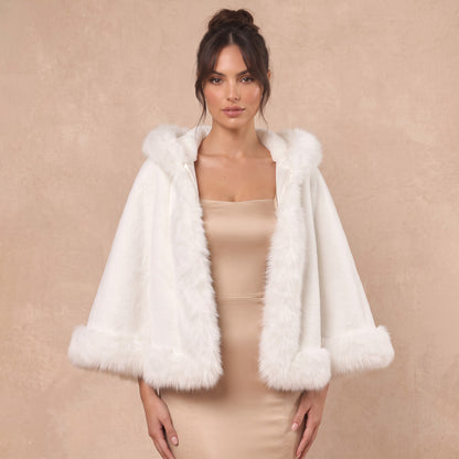 Wool Blend Hooded Cape With Faux Fur Trim Bridal Wrap Stole