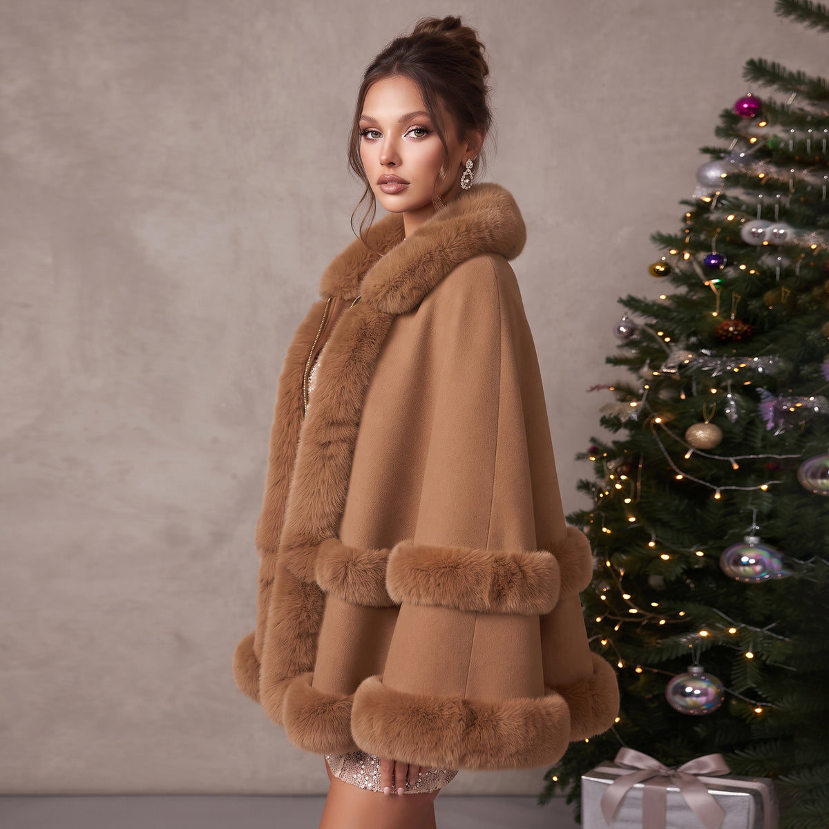 Wool Blend Cape with Faux Fur Trim Collar Bridal Wrap Stole