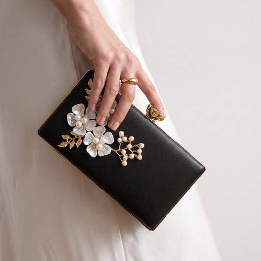 Floral Evening Clutch Bag with 3D Pearl Embellishments