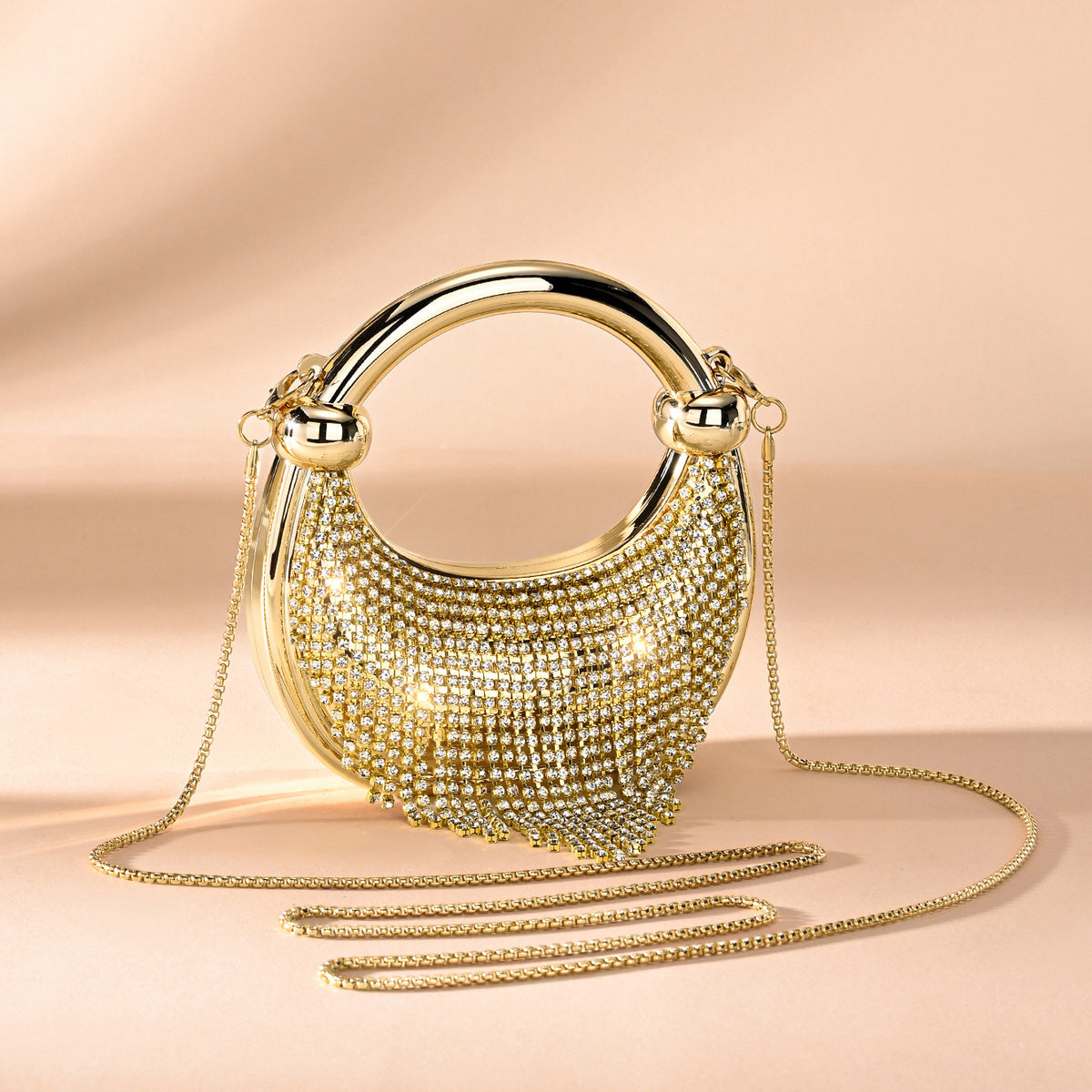 Rhinestone Fringe Evening Clutch Crystal Top Handle Handbag with Chain Strap