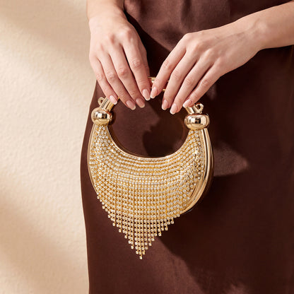 Rhinestone Fringe Evening Clutch Crystal Top Handle Handbag with Chain Strap