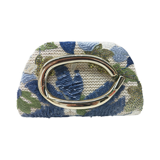 Floral Embroidered Woven Clutch with Metal Ring Handle