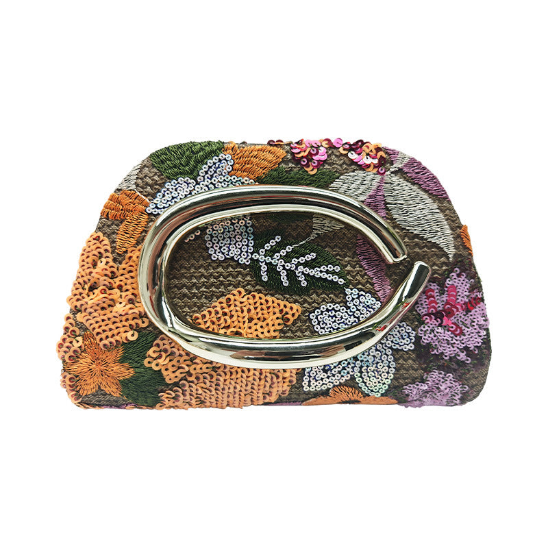 Floral Embroidered Woven Clutch with Metal Ring Handle
