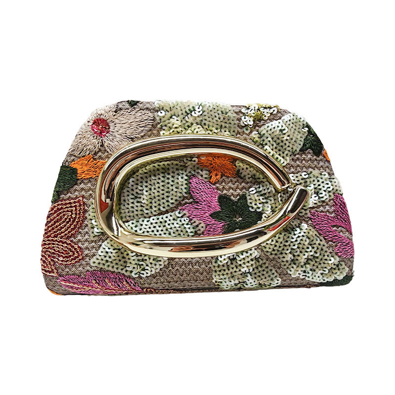 Floral Embroidered Woven Clutch with Metal Ring Handle