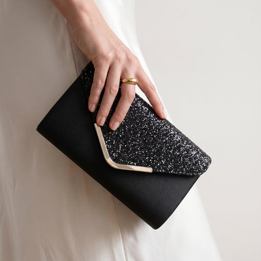 Sleek Satin Glitter Evening Clutch Bag with V-Shaped Trim