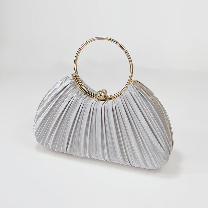 Ruched Shell Clutch Purse with Ball Clasp and Hoop Handle