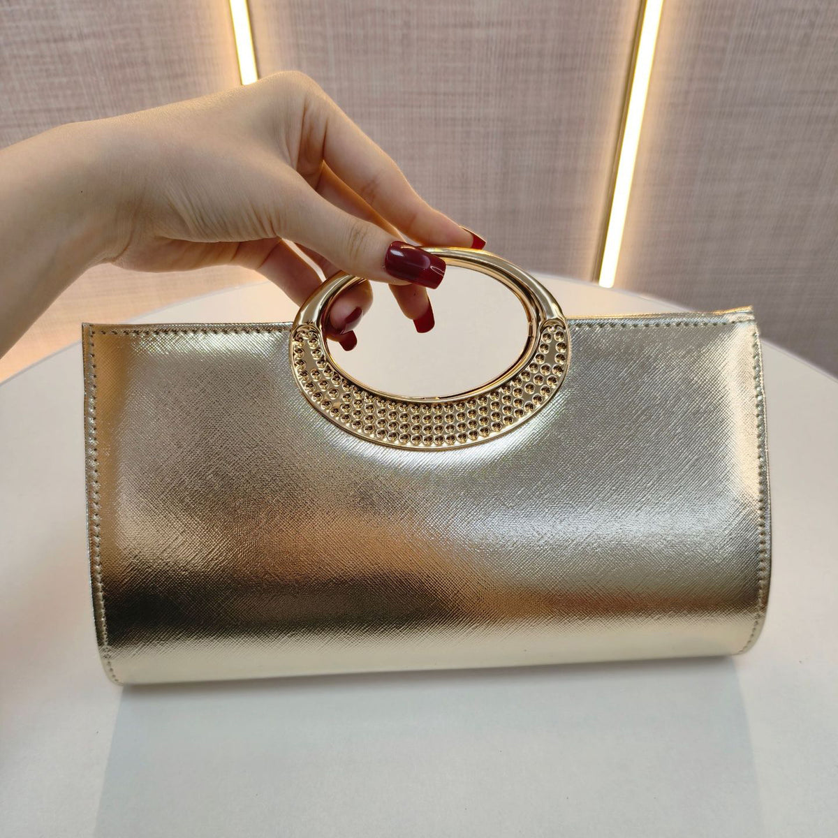 hinestone Sunburst Evening Clutch with Metal Ring Handle