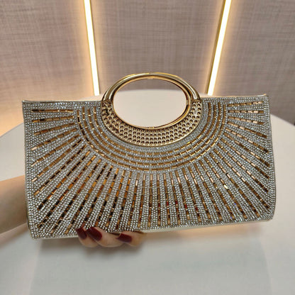 hinestone Sunburst Evening Clutch with Metal Ring Handle