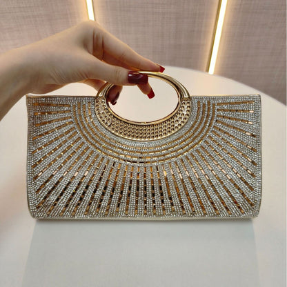 hinestone Sunburst Evening Clutch with Metal Ring Handle