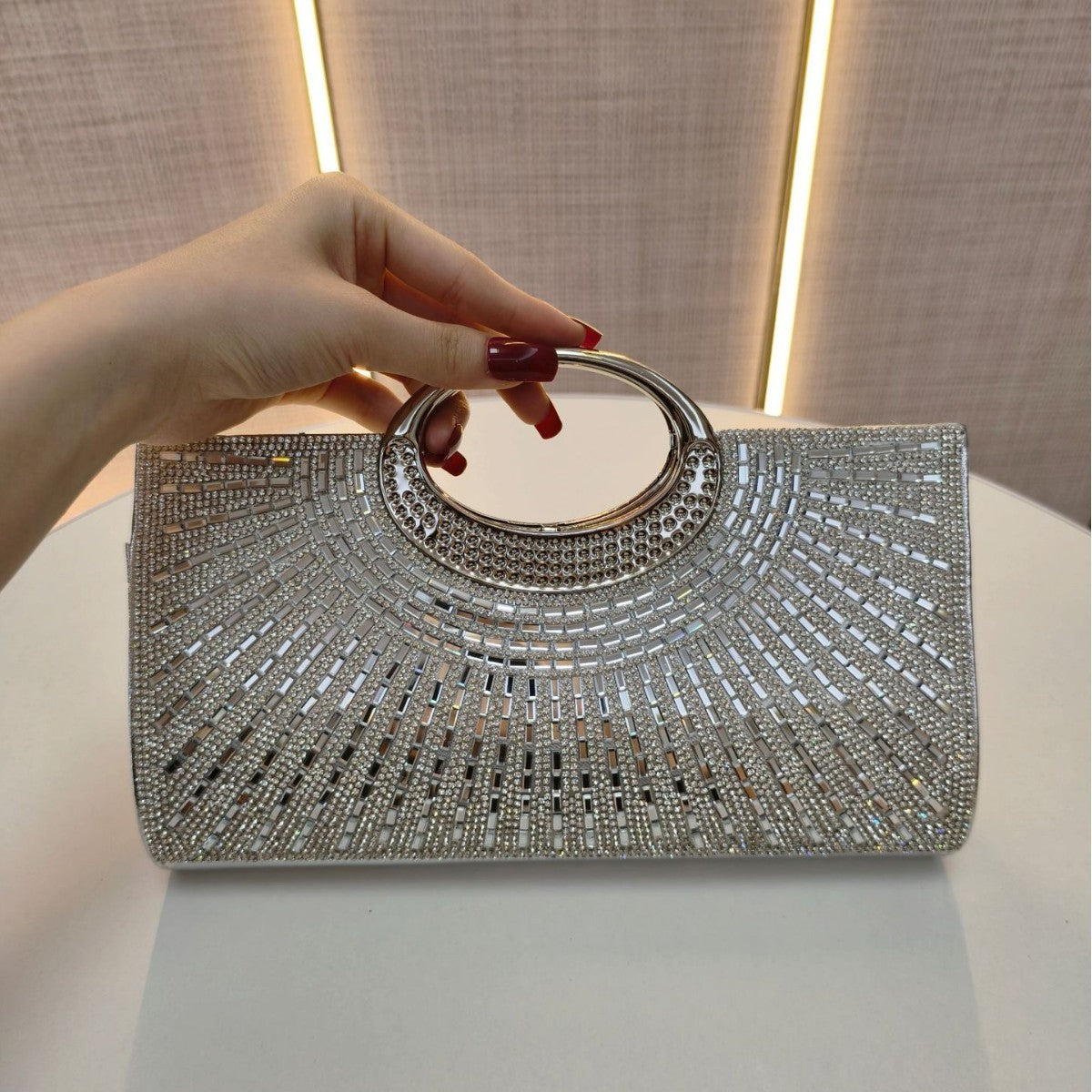 hinestone Sunburst Evening Clutch with Metal Ring Handle