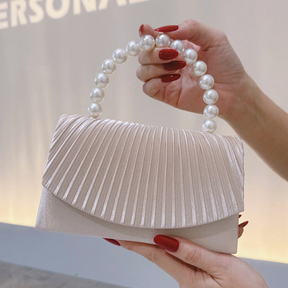 Vintage Ruched Satin Handbag with Faux Pearl Top Handle