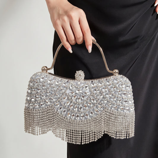 Luxury Rhinestone Tassel Evening Clutch with Metal Top Handle