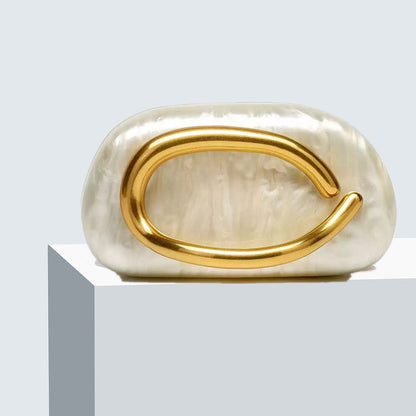 Pearlescent White Acrylic Clutch Bag with Gold Artistic Handle