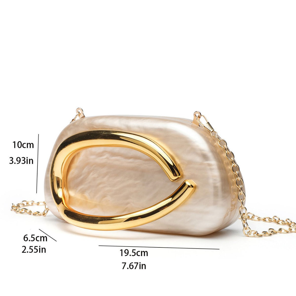 Pearlescent White Acrylic Clutch Bag with Gold Artistic Handle