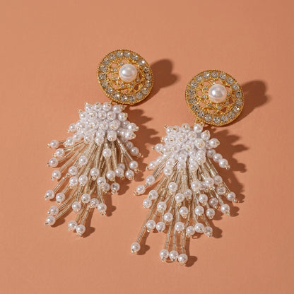 Gold Rhinestone Imitation Pearl Tassel Drop Earrings For Wedding Evening Party
