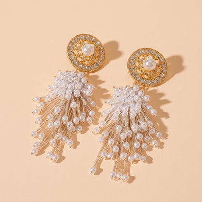 Gold Rhinestone Imitation Pearl Tassel Drop Earrings For Wedding Evening Party